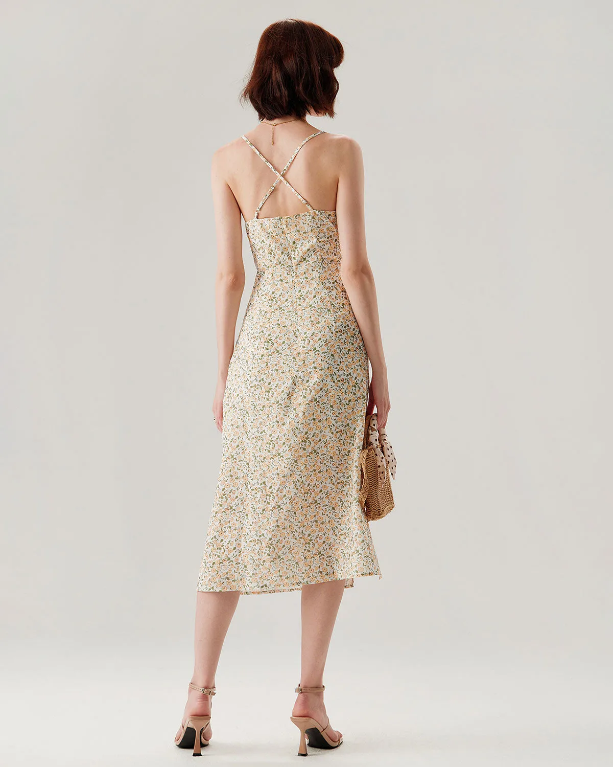 Yellow Floral Ruched Slip Midi Dress sold by rihoas product image thumbnail 5