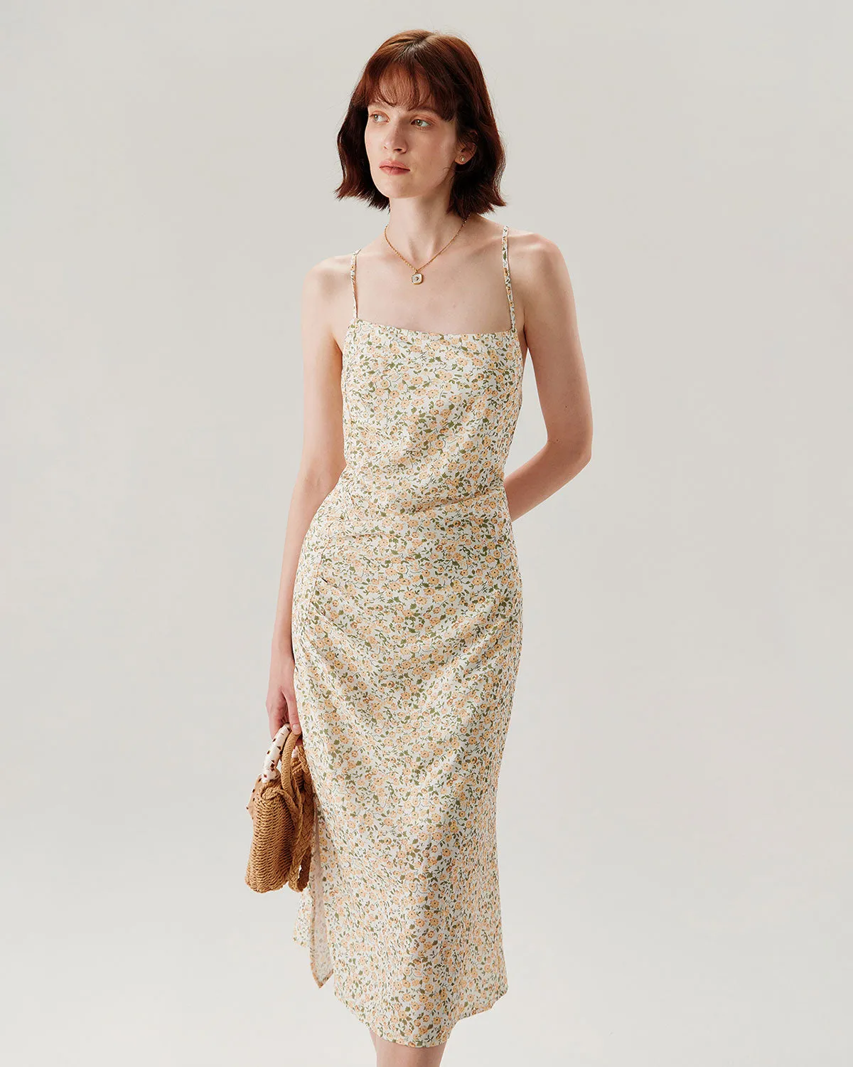 Yellow Floral Ruched Slip Midi Dress sold by rihoas