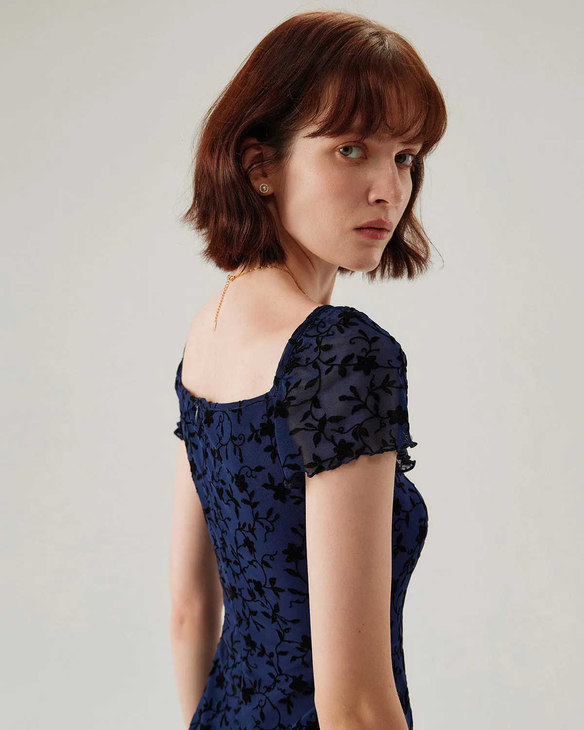 Blue Floral Square Neck Mesh Mini Dress sold by rihoas product image thumbnail 4
