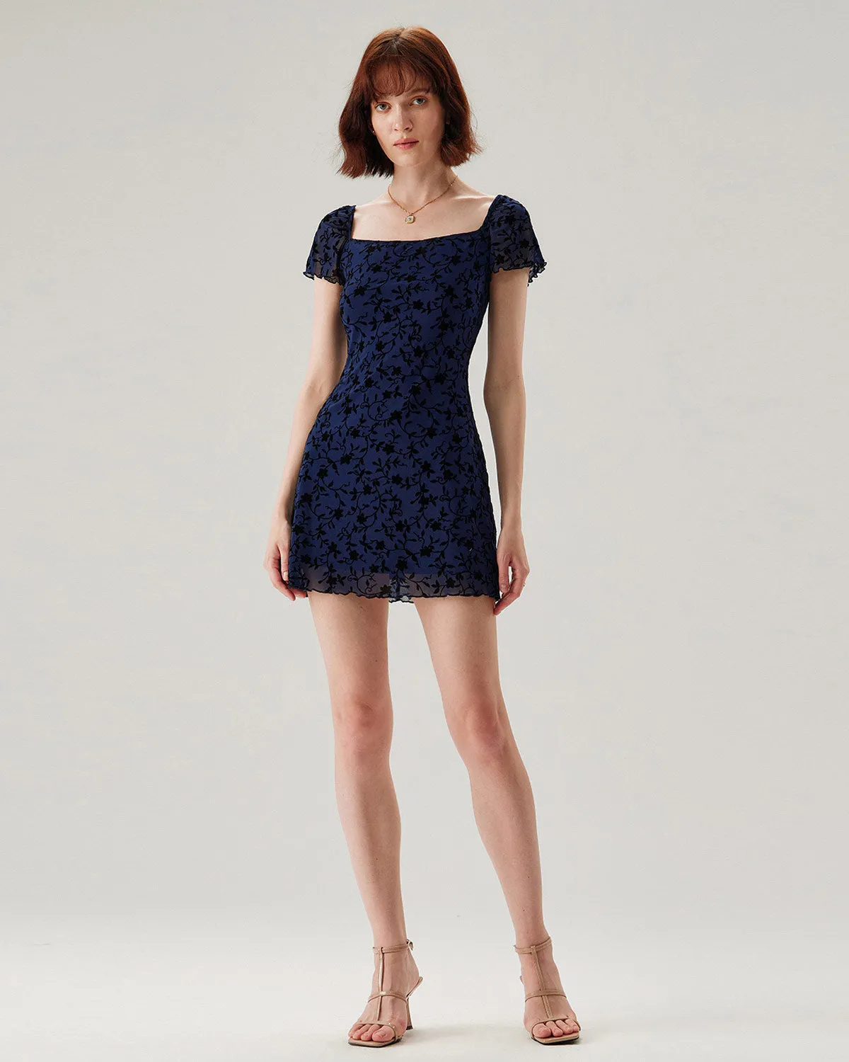 Blue Floral Square Neck Mesh Mini Dress sold by rihoas product image thumbnail 2