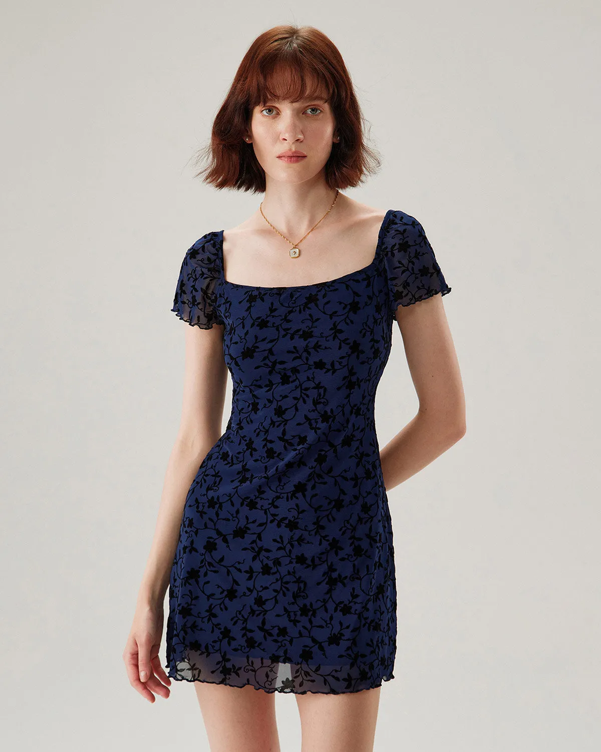 Blue Floral Square Neck Mesh Mini Dress sold by rihoas