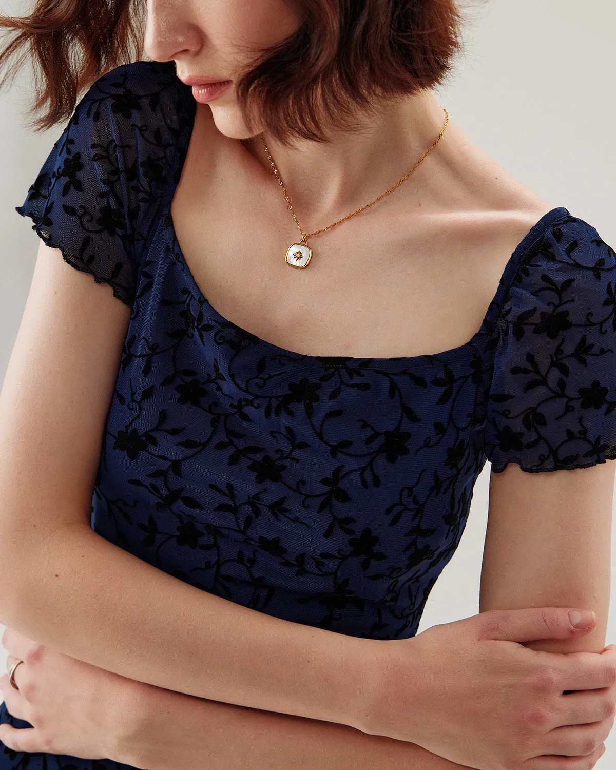 Blue Floral Square Neck Mesh Mini Dress sold by rihoas product image thumbnail 3