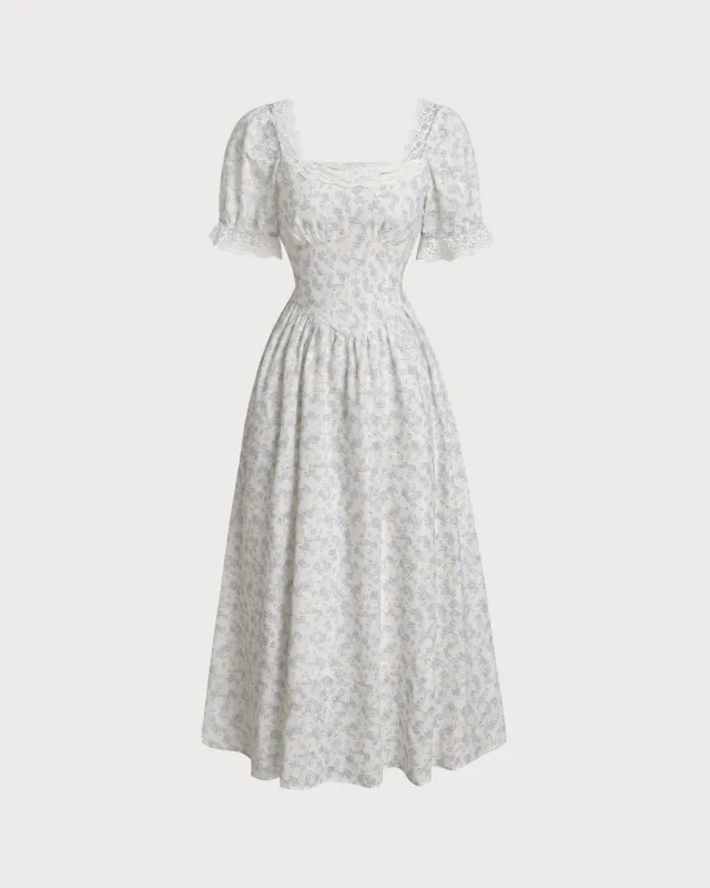 Blue Floral Puffed Sleeve Midi Dress sold by rihoas