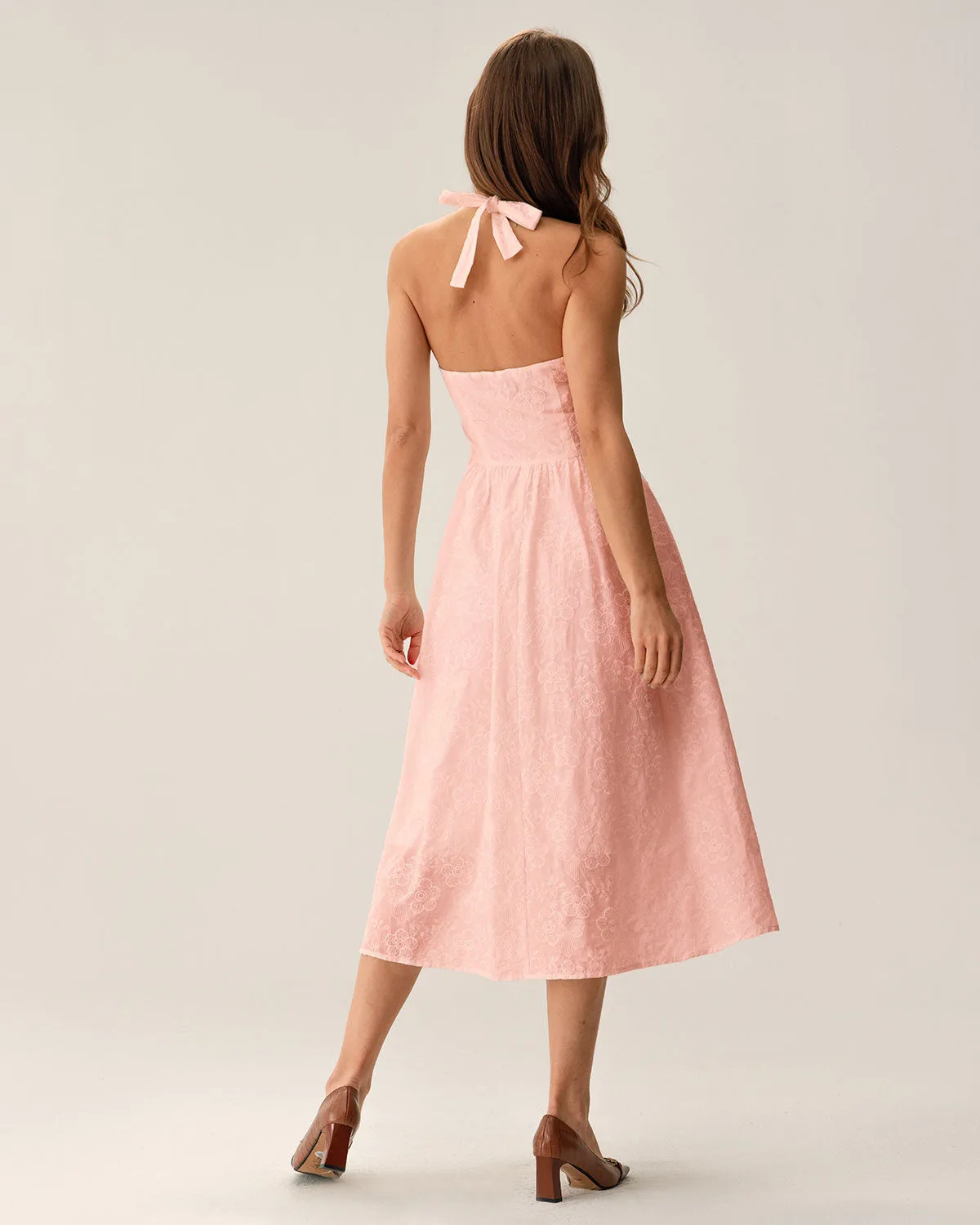 Pink Embroidery Halter Midi Dress sold by rihoas product image thumbnail 4