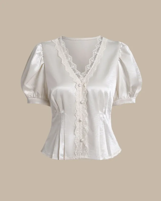 White Satin V Neck Ruched Blouse sold by rihoas