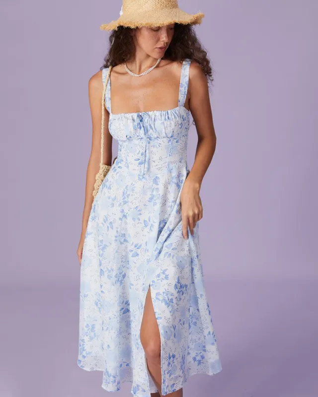 The Blue Square Neck Floral Ruched Midi Dress sold by rihoas