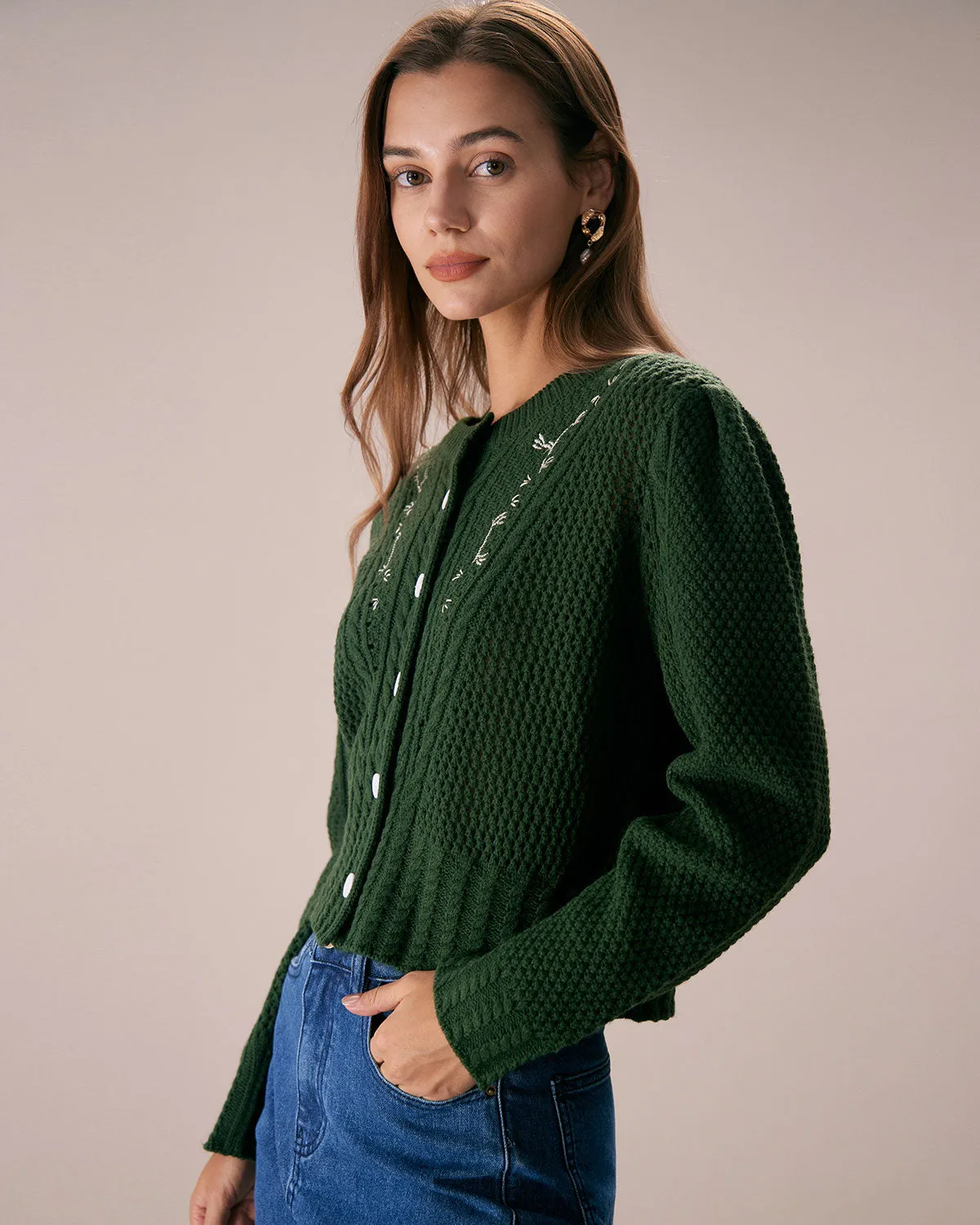 The Green Round Neck Embroidery Cardigan sold by rihoas product image thumbnail 4
