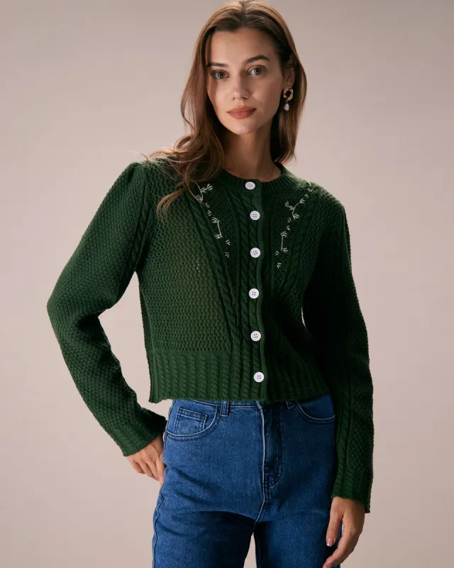 The Green Round Neck Embroidery Cardigan sold by rihoas