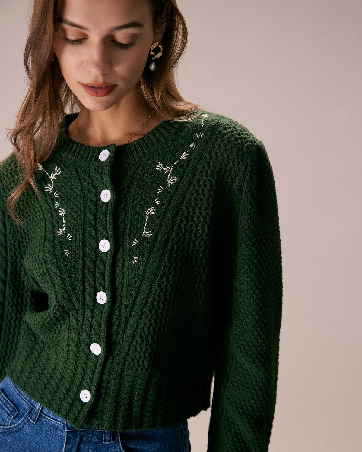 The Green Round Neck Embroidery Cardigan sold by rihoas product image thumbnail 3