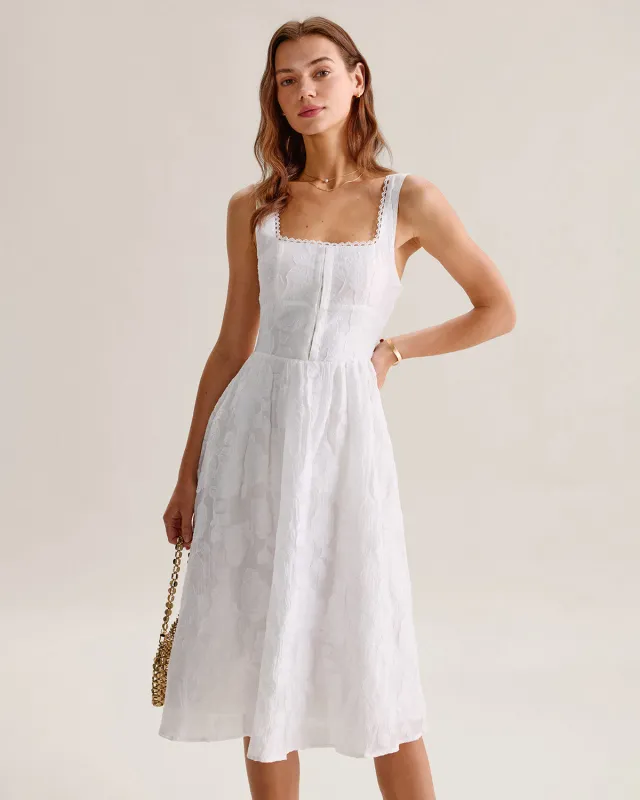 White Jacquard Shirred Slip Midi Dress sold by rihoas