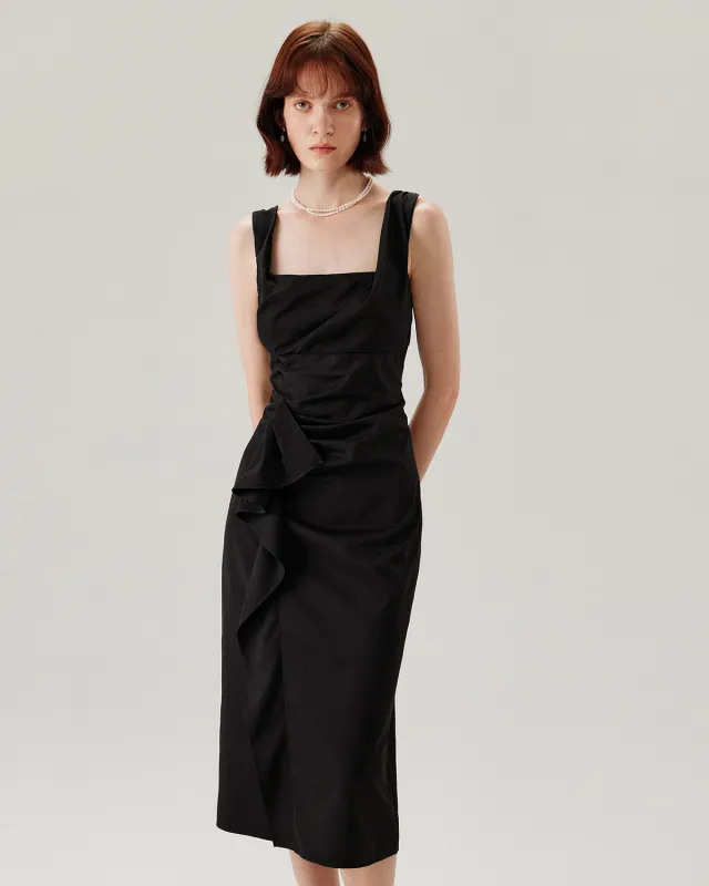 Black Ruffle Ruched Slip Midi Dress sold by rihoas