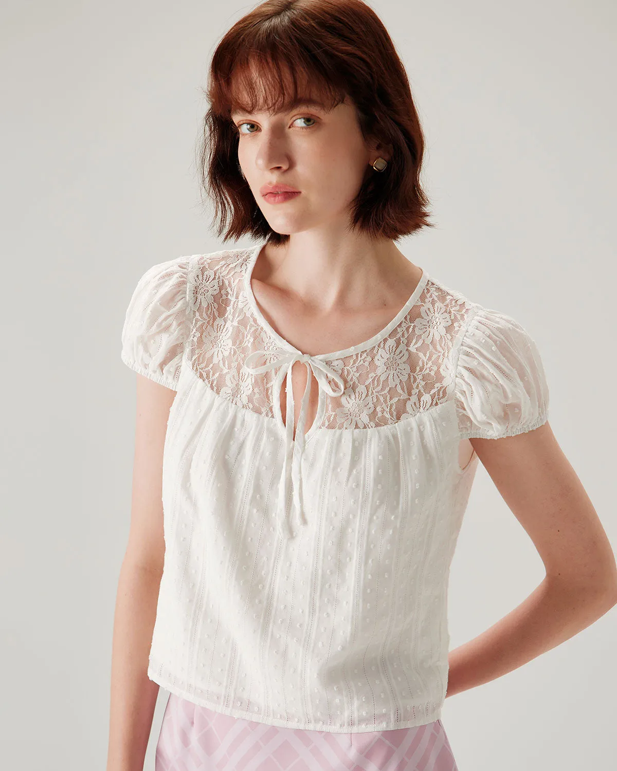 White Lace Puffed Sleeve Tee sold by rihoas