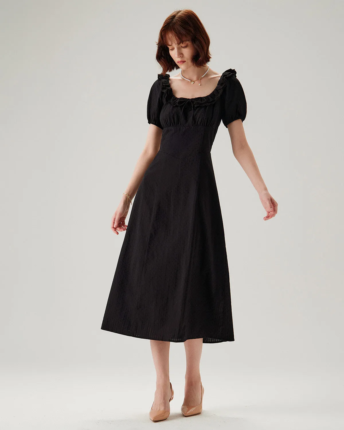 Black Embroidery Puffed Sleeve Maxi Dress sold by rihoas product image thumbnail 3