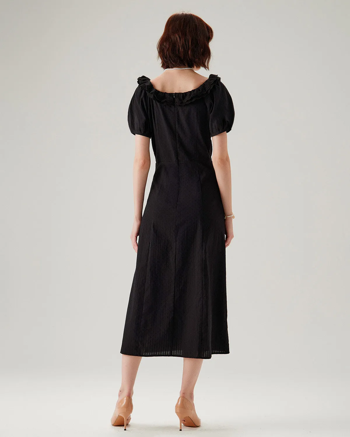 Black Embroidery Puffed Sleeve Maxi Dress sold by rihoas product image thumbnail 4