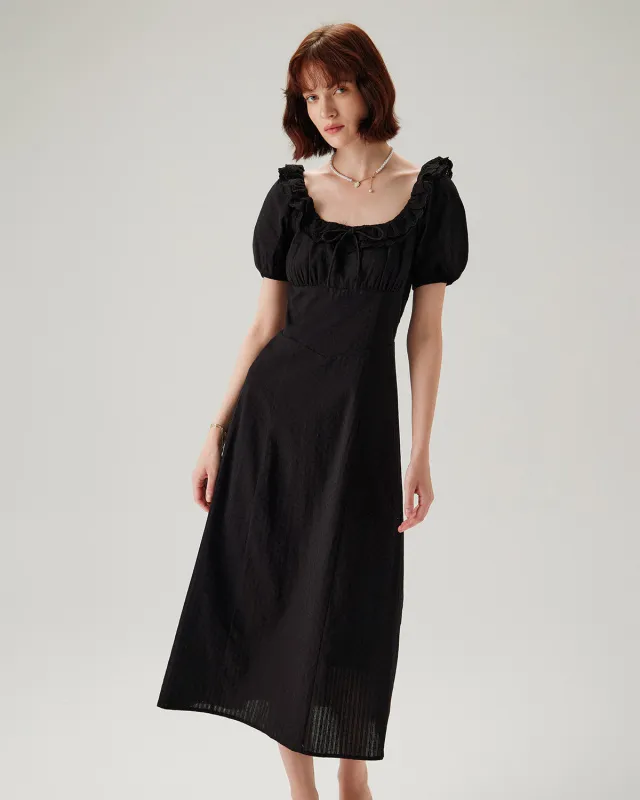 Black Embroidery Puffed Sleeve Maxi Dress sold by rihoas
