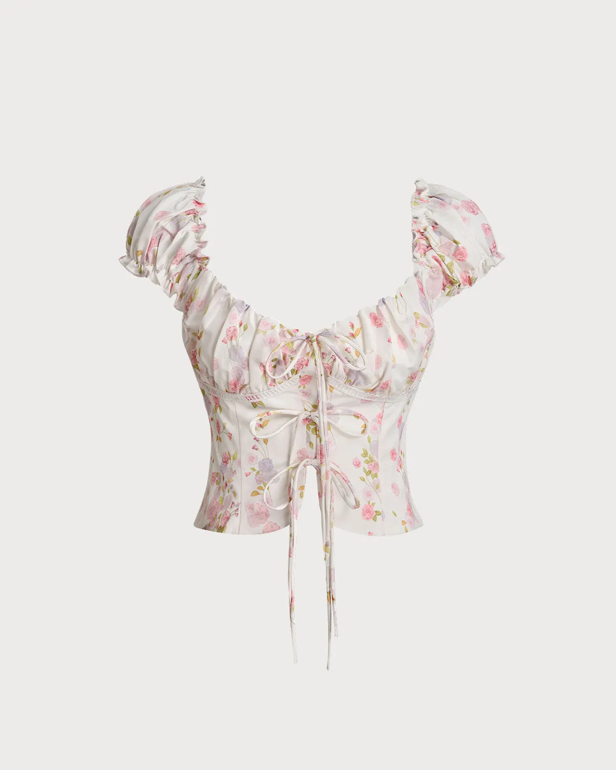 White Floral Puffed Sleeve Shirred Tee sold by rihoas