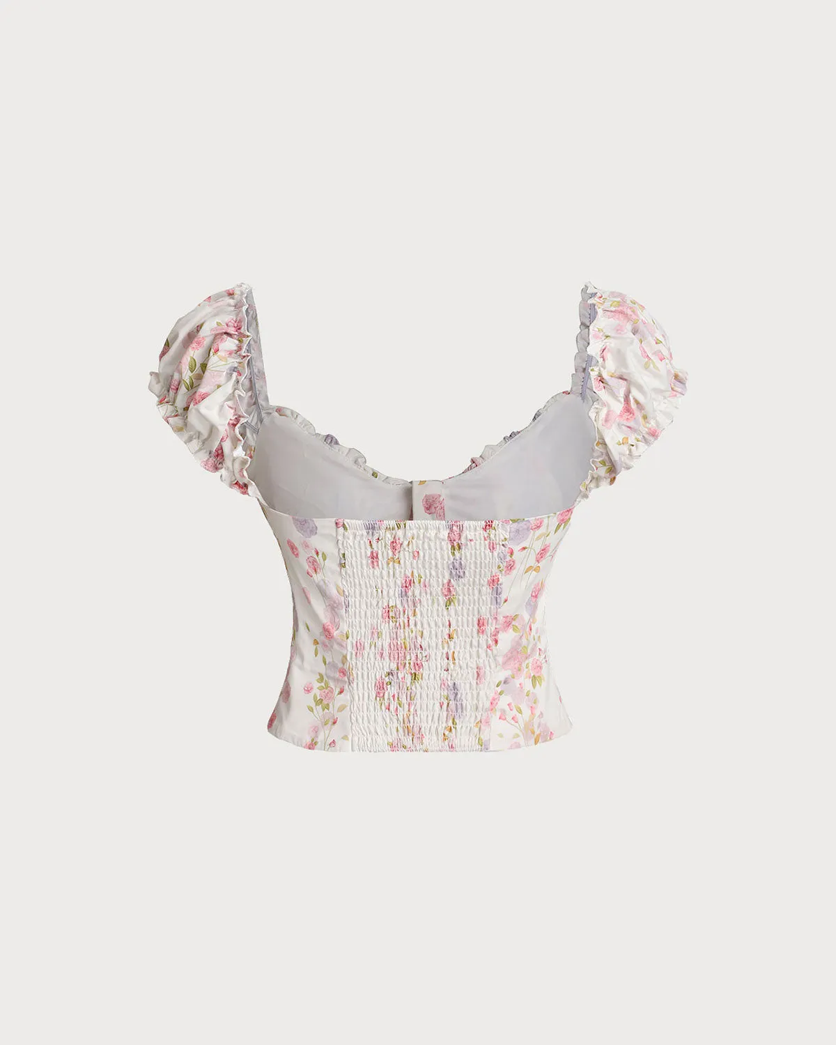 White Floral Puffed Sleeve Shirred Tee sold by rihoas product image thumbnail 2