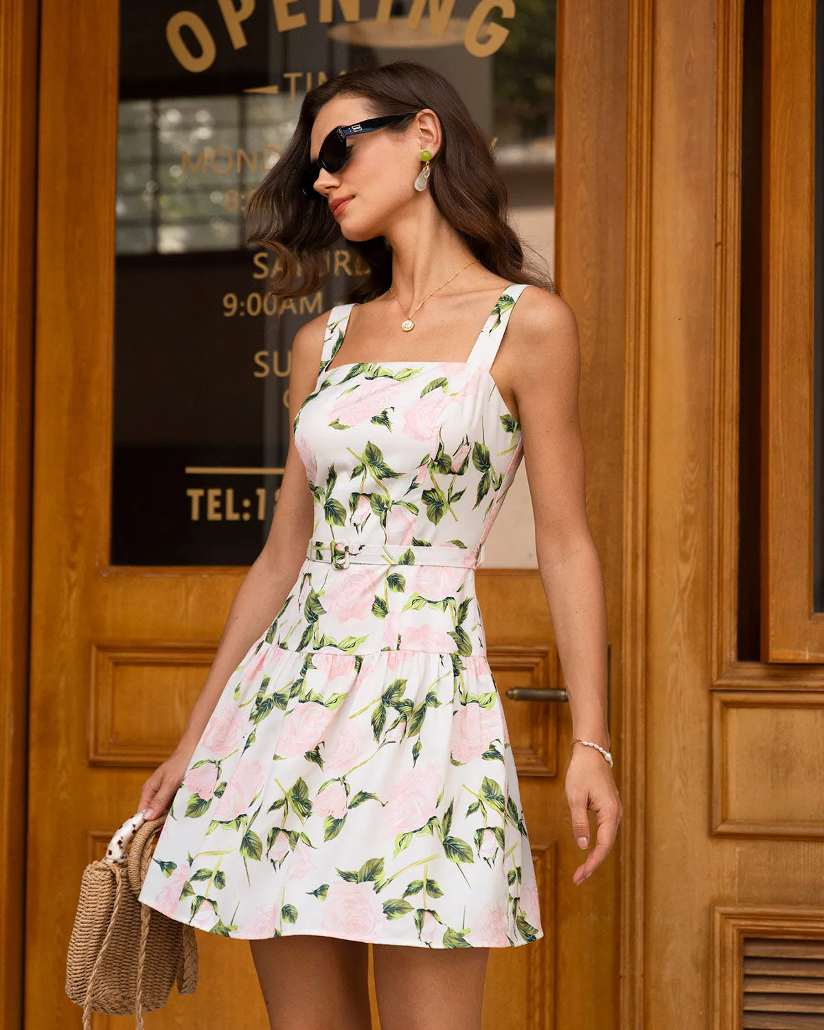 Pink Floral Ruched Belted Slip Mini Dress sold by rihoas product image thumbnail 3