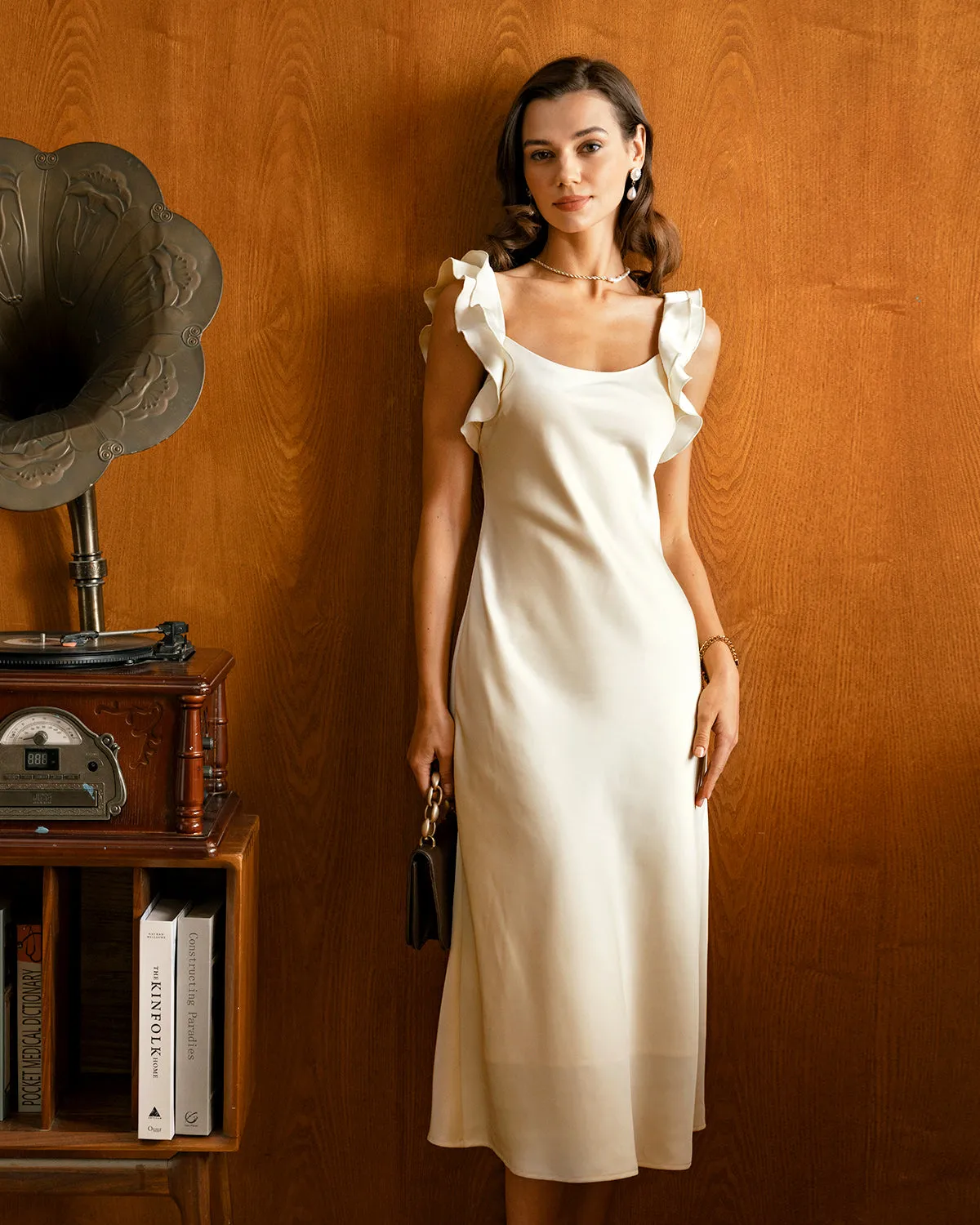 Yellow Square Neck Ruffle Satin Midi Dress sold by rihoas