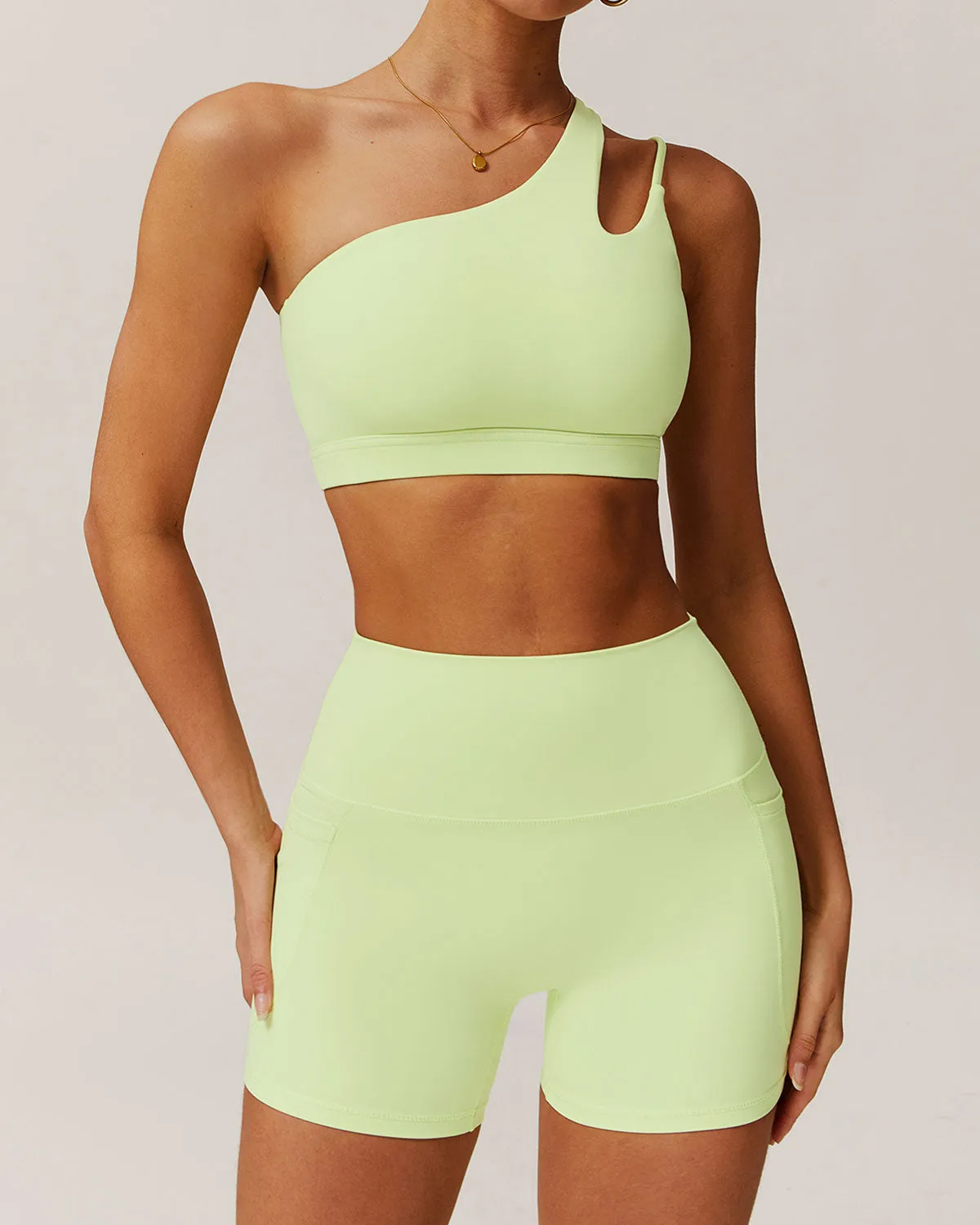 Green Cropped One Shoulder Yoga Cami Top - Light Support sold by rihoas product image thumbnail 2