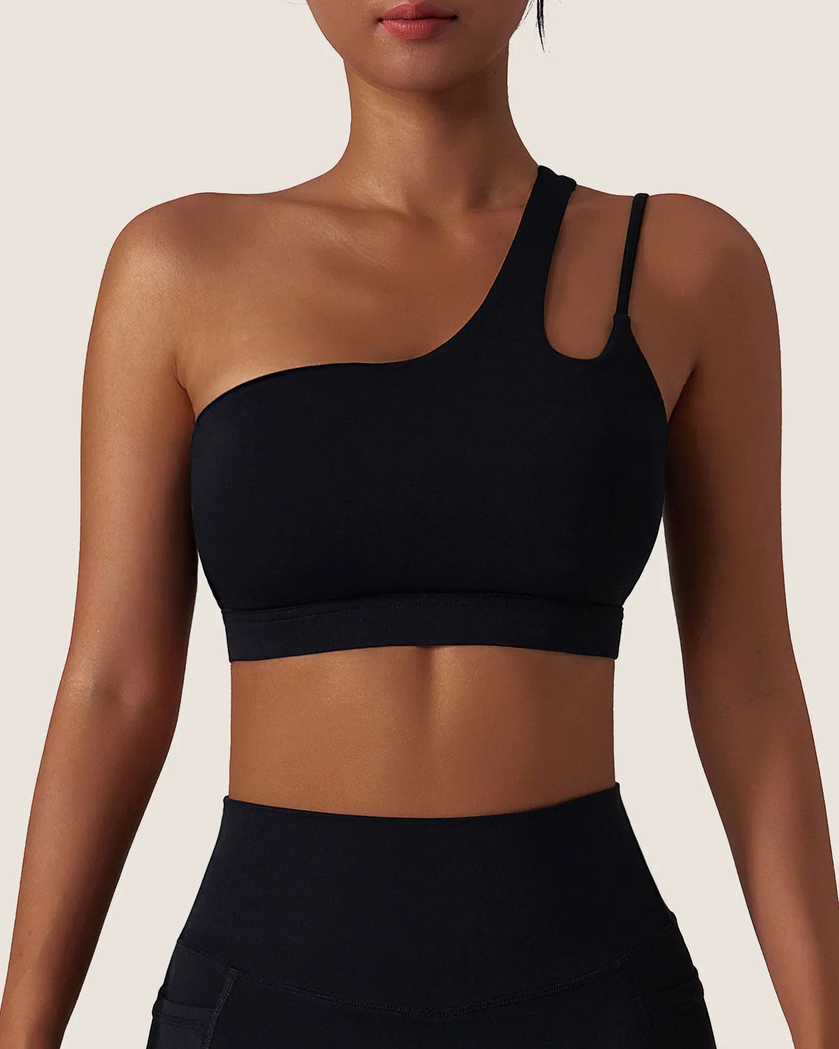 Black Cropped One Shoulder Yoga Cami Top - Light Support sold by rihoas
