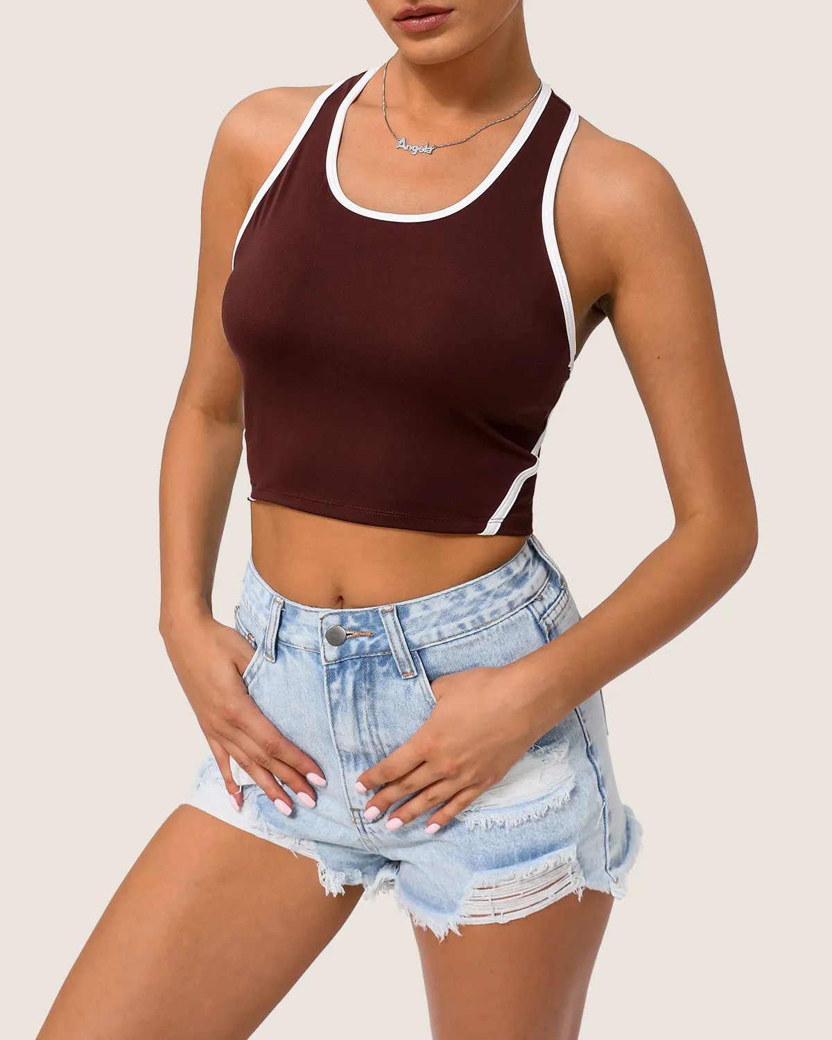 Brown Scoop Neck Yoga Tank Top - Light Support sold by rihoas product image thumbnail 3