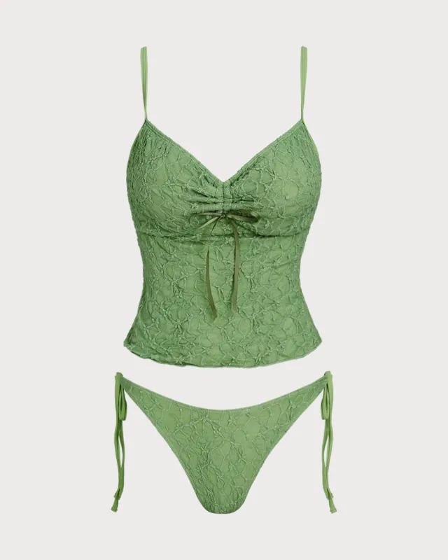 Green Lace Ruched Tankini Swimsuit sold by rihoas