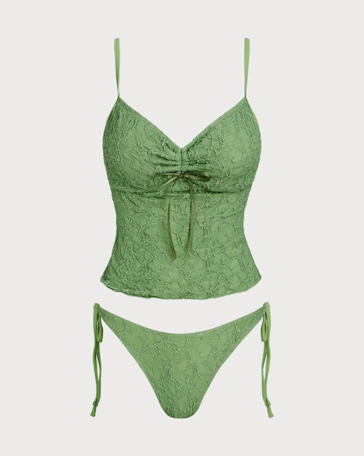 Green Lace Ruched Tankini Swimsuit sold by rihoas