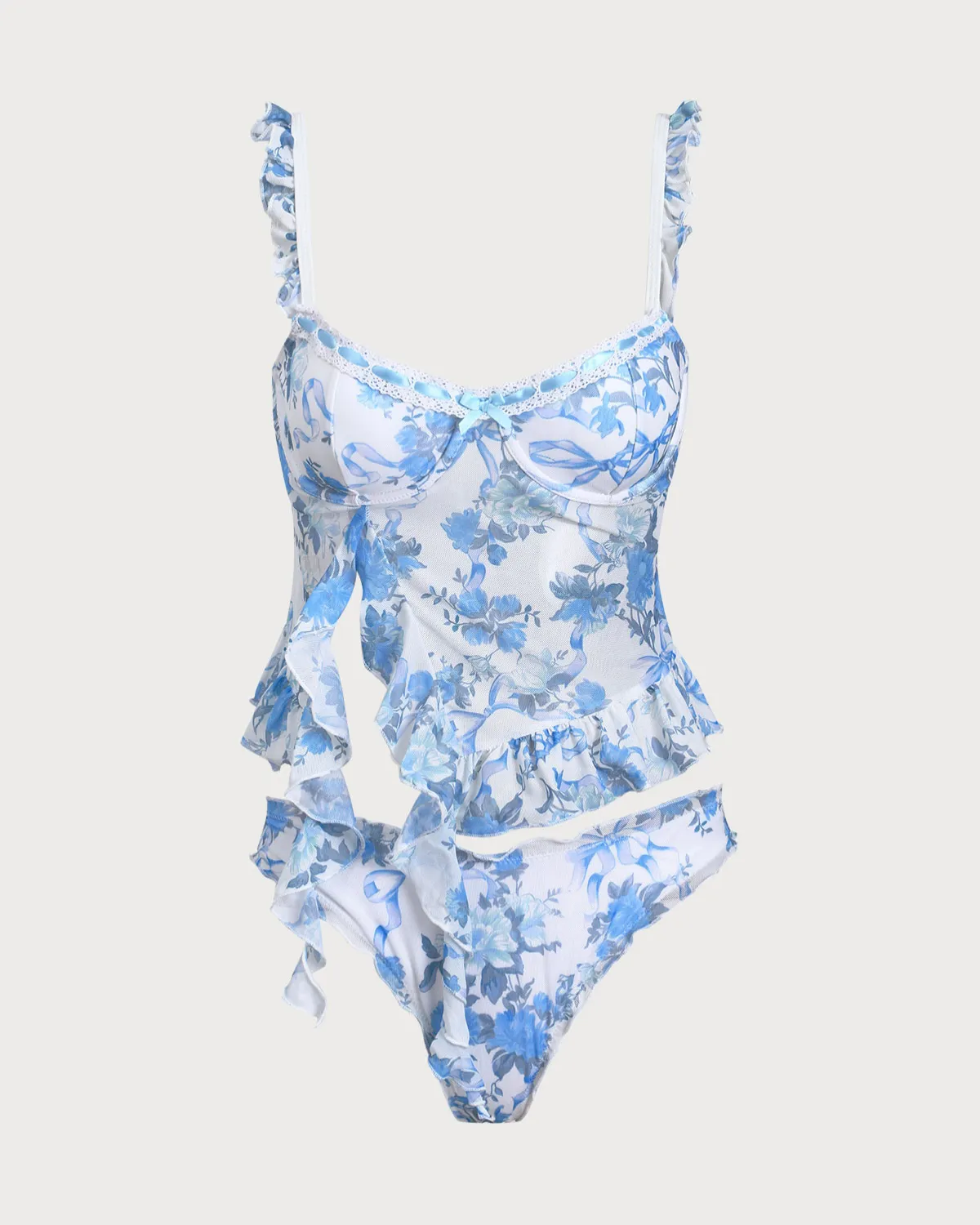 Blue Floral Ruffled Tankini Swimsuit sold by rihoas