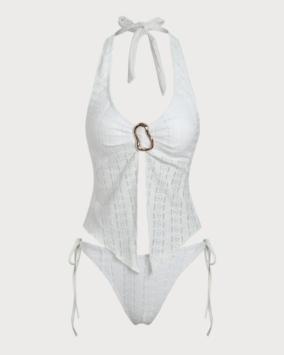 White Knitted Irregular Metal Slit Tankini Swimsuit sold by rihoas