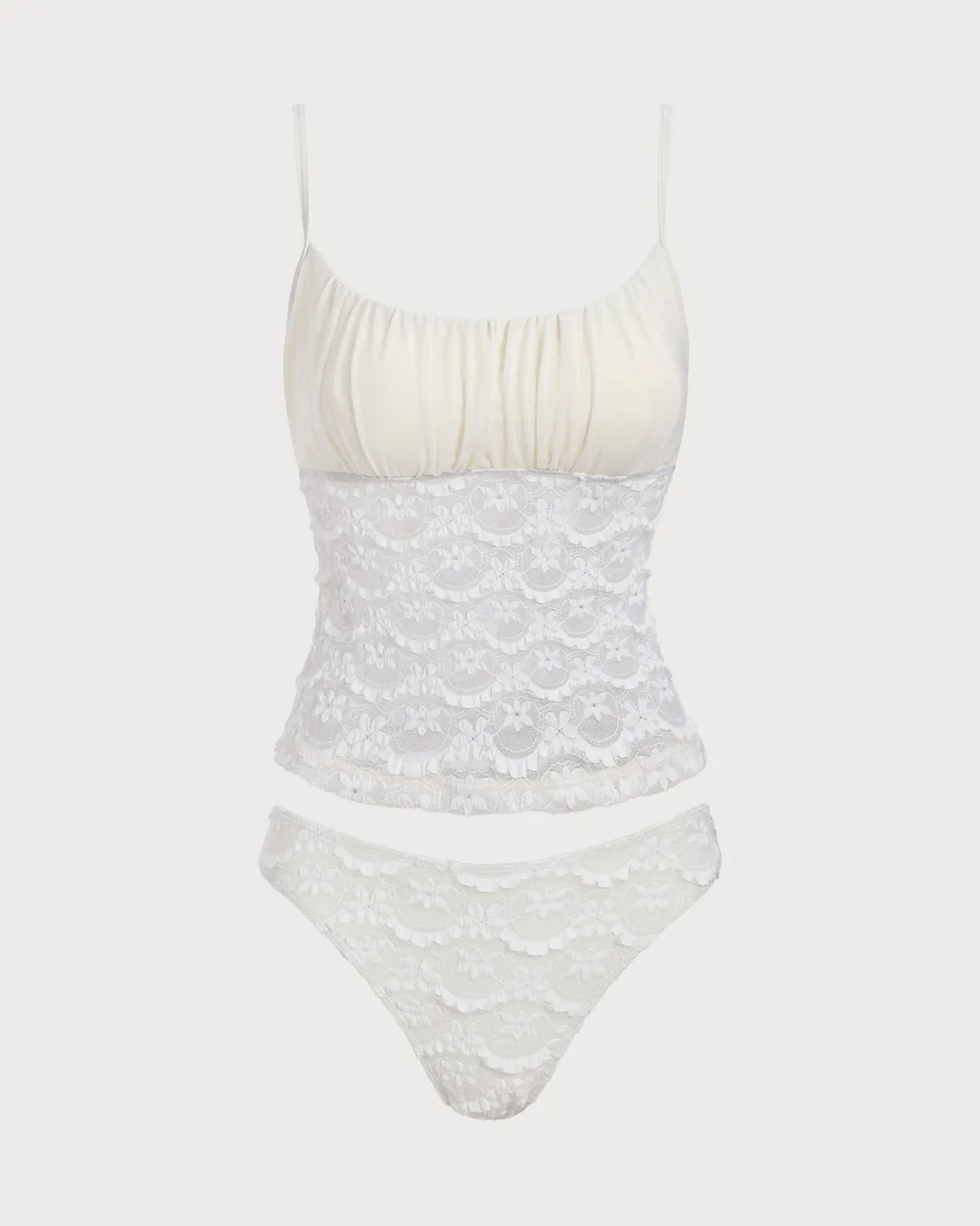 White Ruched Mesh Flower Tankini Swimsuit sold by rihoas