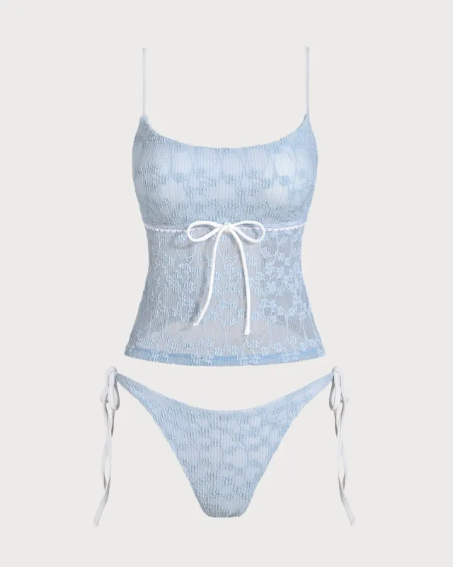 Blue Lace Contrast Tankini Swimsuit sold by rihoas
