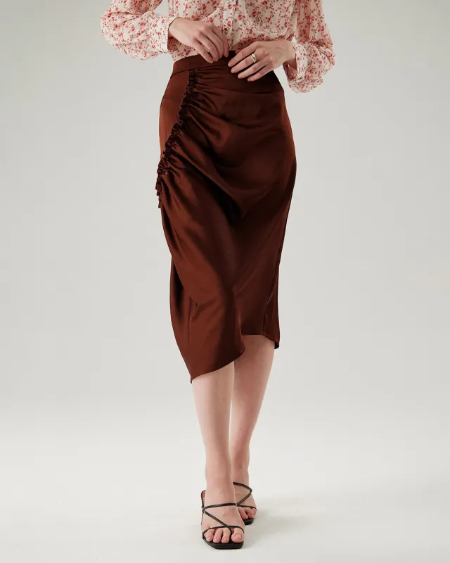 Coffee Ruched Pencil Midi Skirt sold by rihoas
