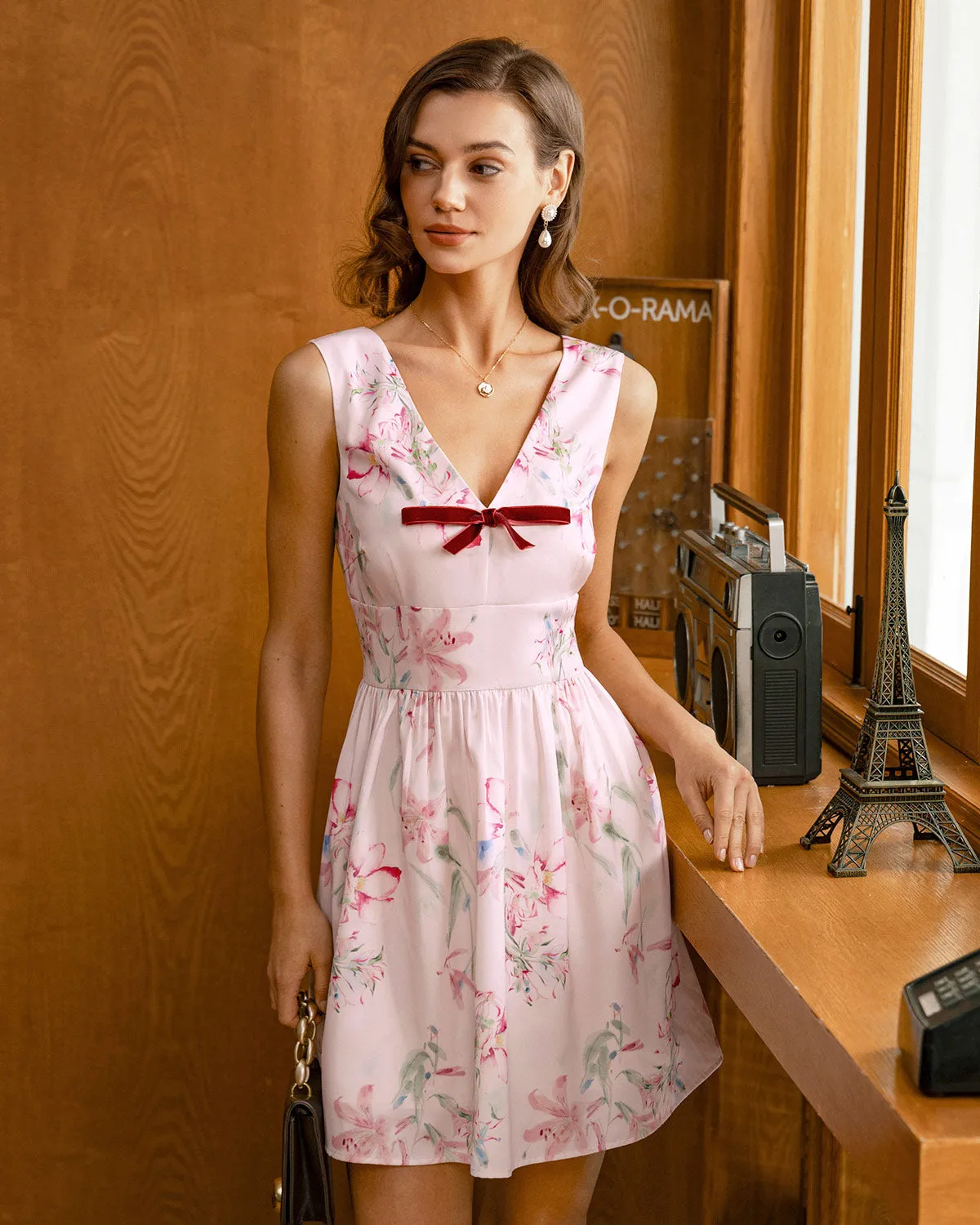 Pink Floral Bowknot Sleeveless Mini Dress sold by rihoas