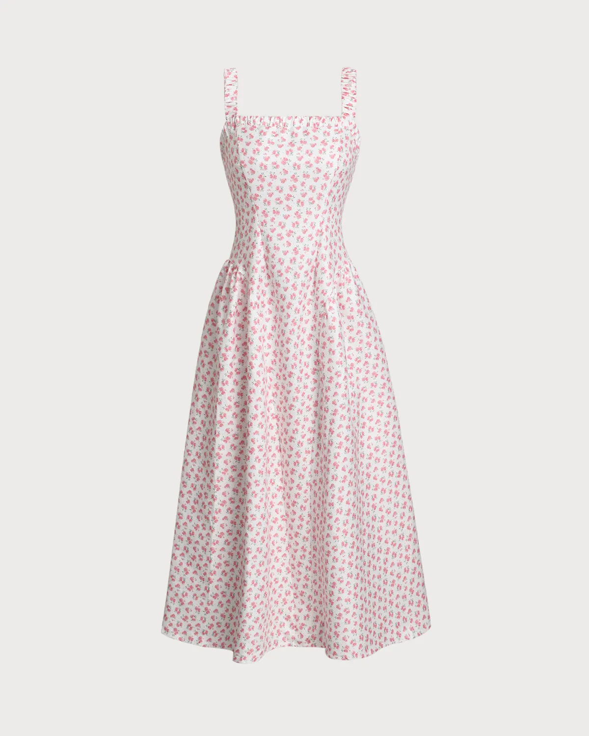 Pink Floral Square Neck Pleated Midi Dress sold by rihoas