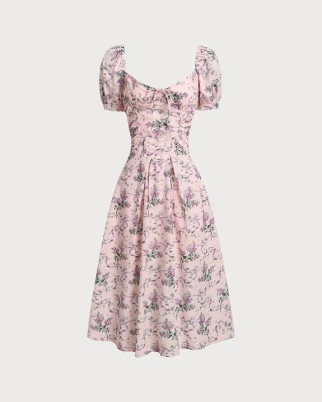 Pink Floral Sweetheart Neck Midi Dress sold by rihoas