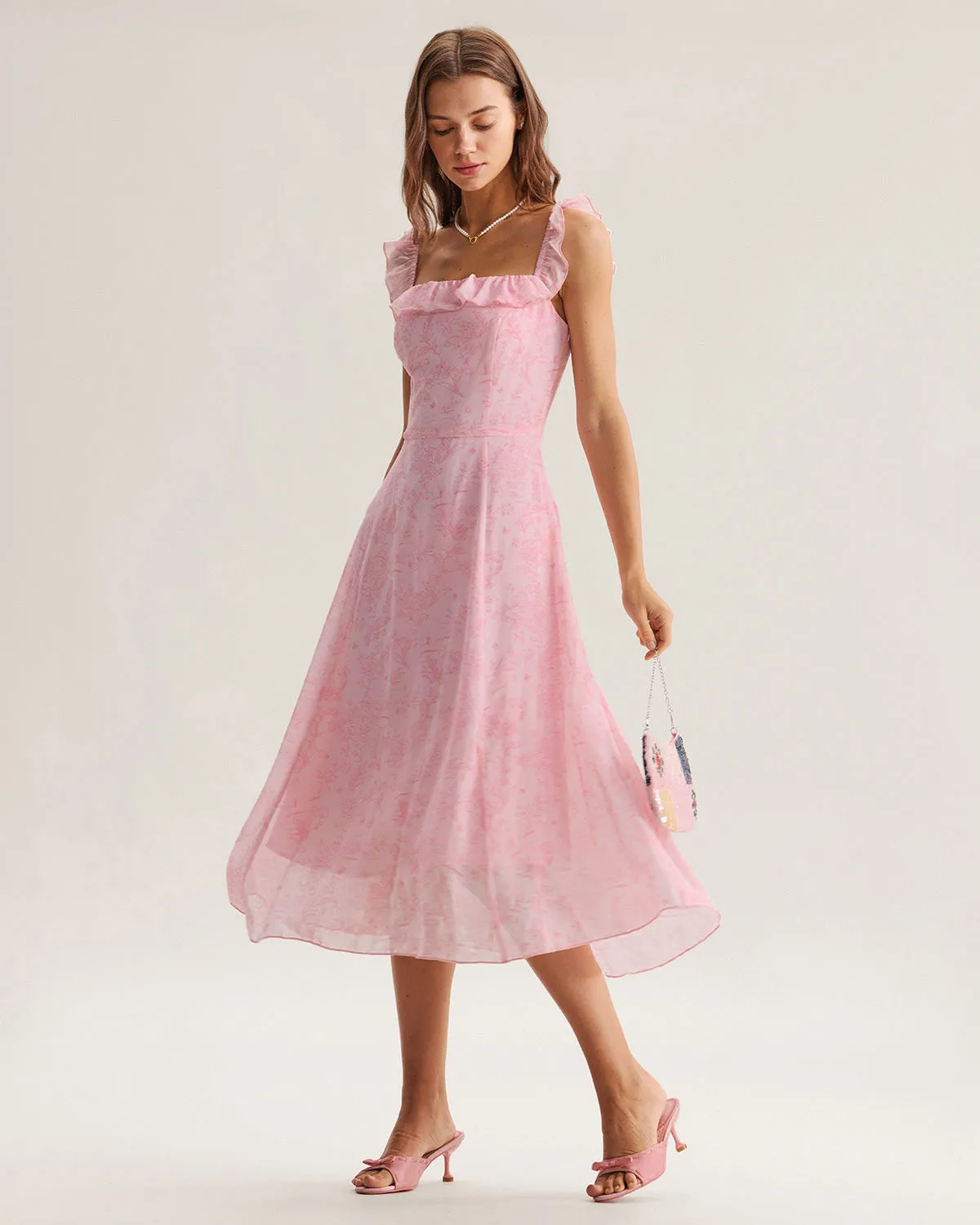Pink Square Neck Ruffle Midi Dress sold by rihoas product image thumbnail 4