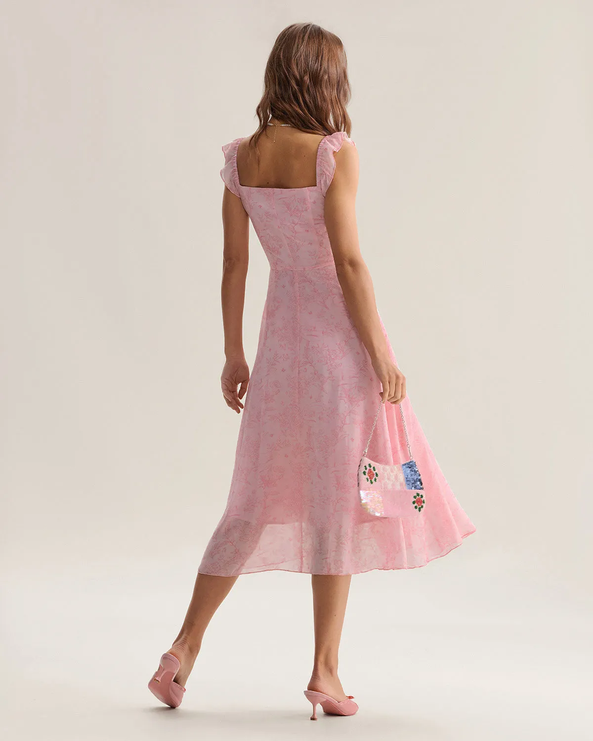 Pink Square Neck Ruffle Midi Dress sold by rihoas product image thumbnail 5