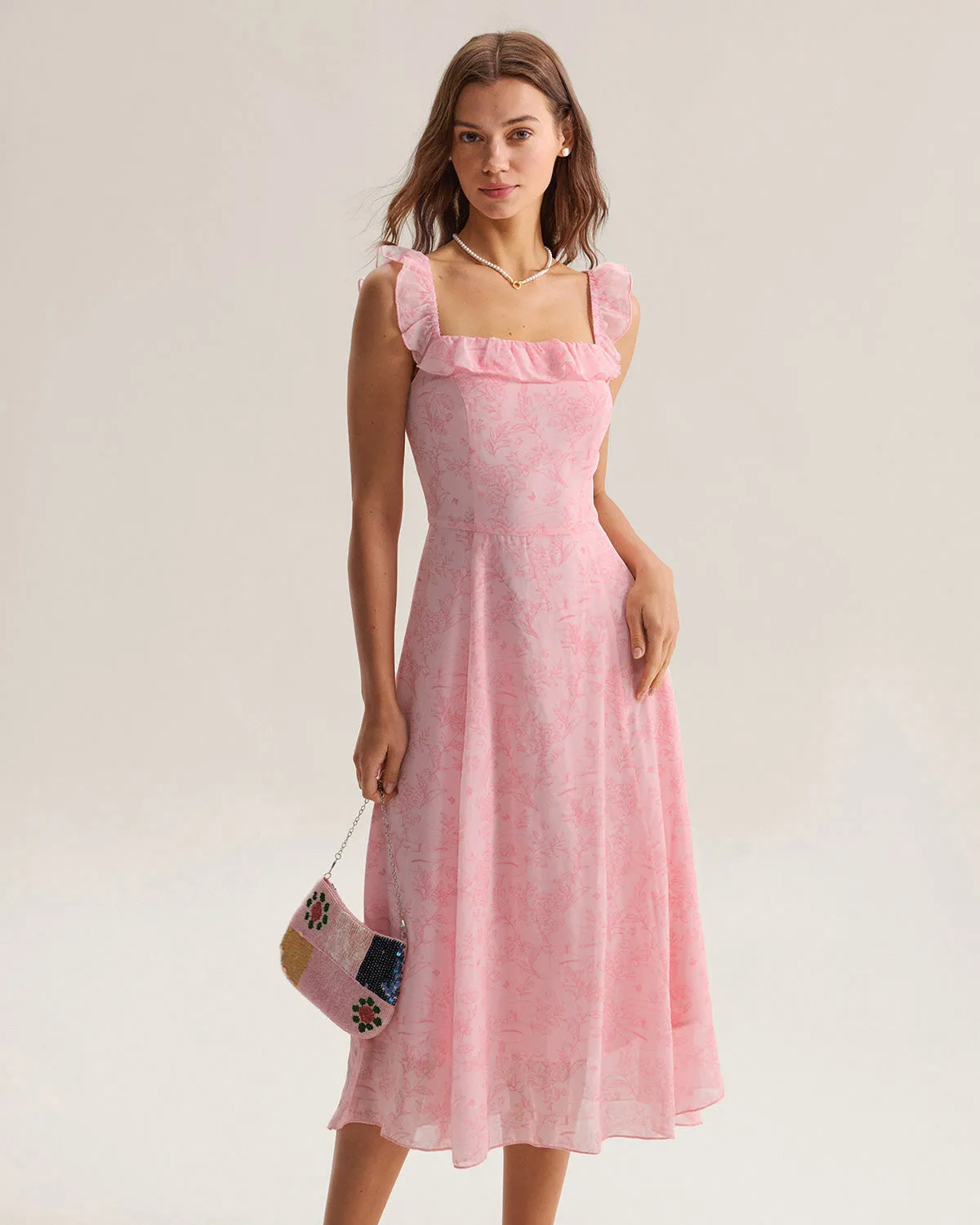 Pink Square Neck Ruffle Midi Dress sold by rihoas