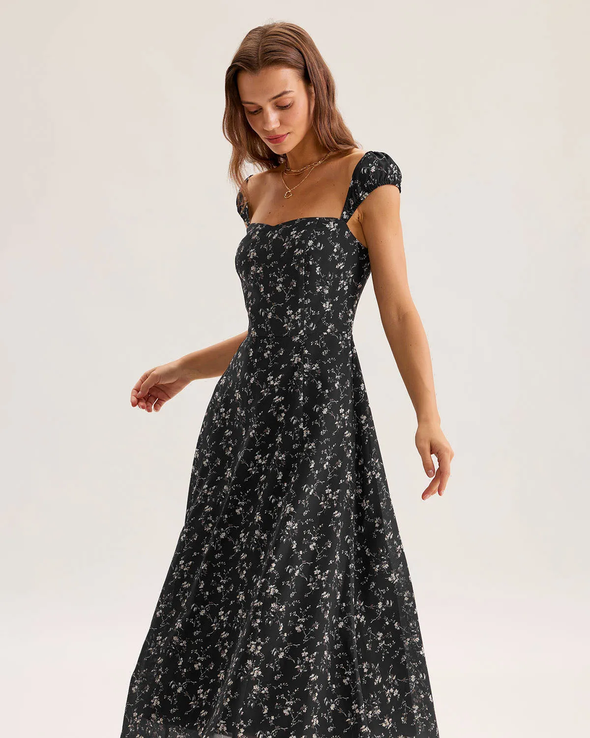 Black Floral Sweetheart Neck Midi Dress sold by rihoas product image thumbnail 5