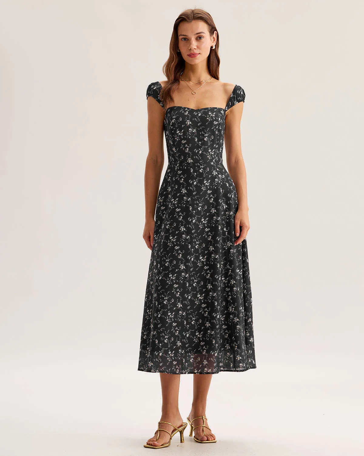 Black Floral Sweetheart Neck Midi Dress sold by rihoas