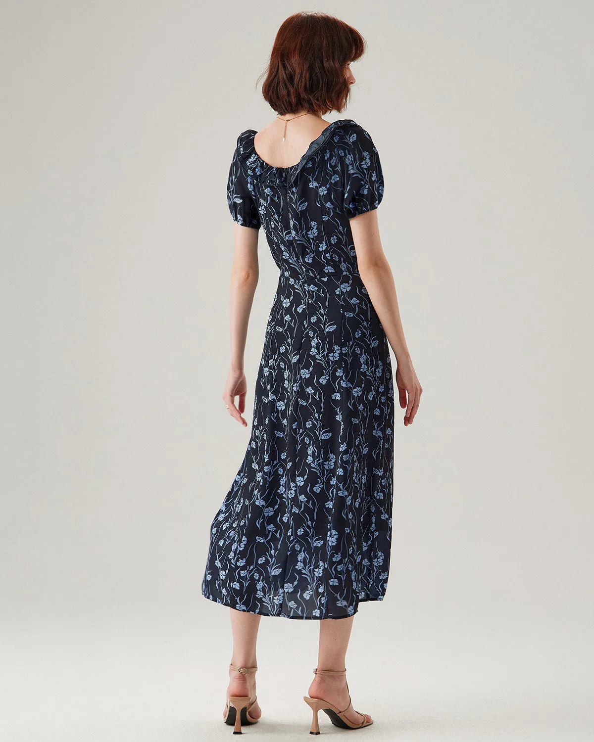Navy Floral U-Neck Puffed-Sleeve Maxi Dress sold by rihoas product image thumbnail 5