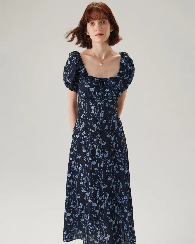 Navy Floral U-Neck Puffed-Sleeve Maxi Dress sold by rihoas