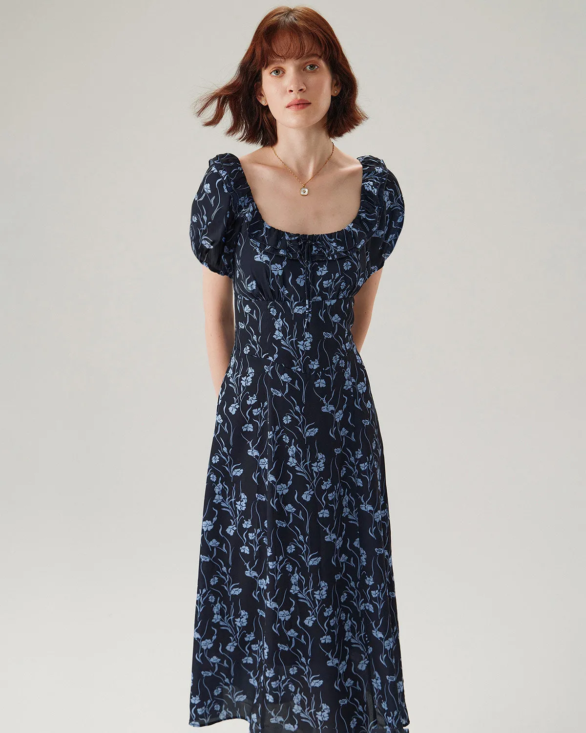 Navy Floral U-Neck Puffed-Sleeve Maxi Dress sold by rihoas