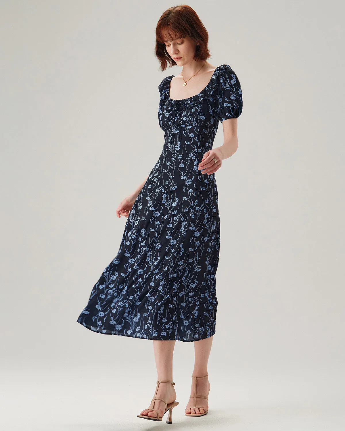 Navy Floral U-Neck Puffed-Sleeve Maxi Dress sold by rihoas product image thumbnail 4
