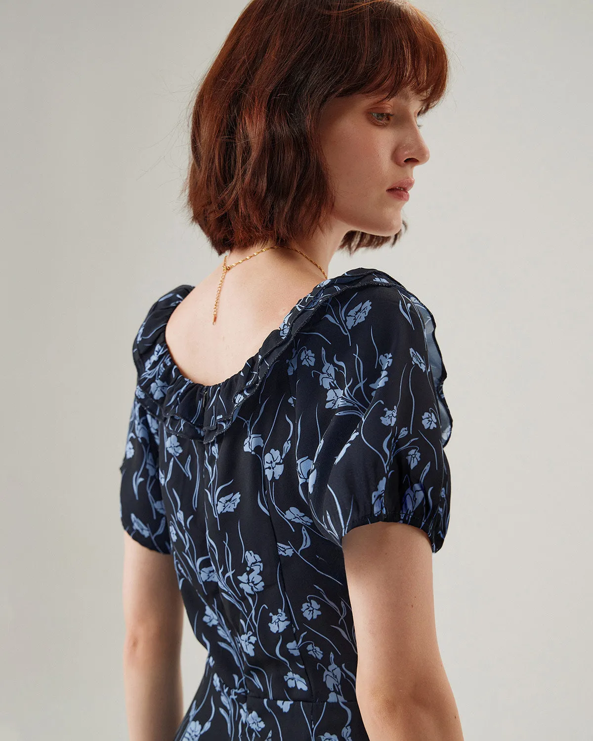 Navy Floral U-Neck Puffed-Sleeve Maxi Dress sold by rihoas product image thumbnail 3