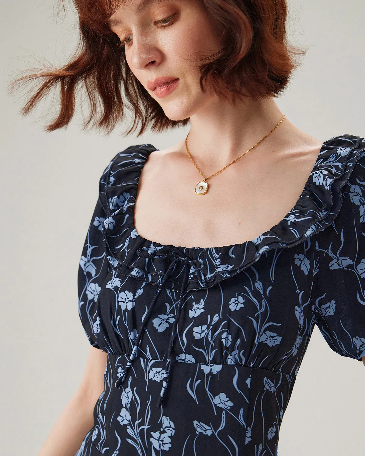 Navy Floral U-Neck Puffed-Sleeve Maxi Dress sold by rihoas product image thumbnail 2