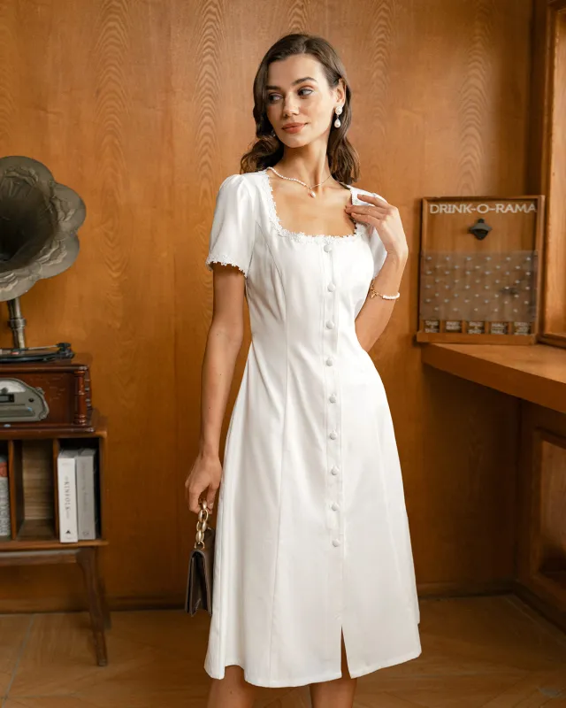 White Square Neck Button Midi Dress sold by rihoas