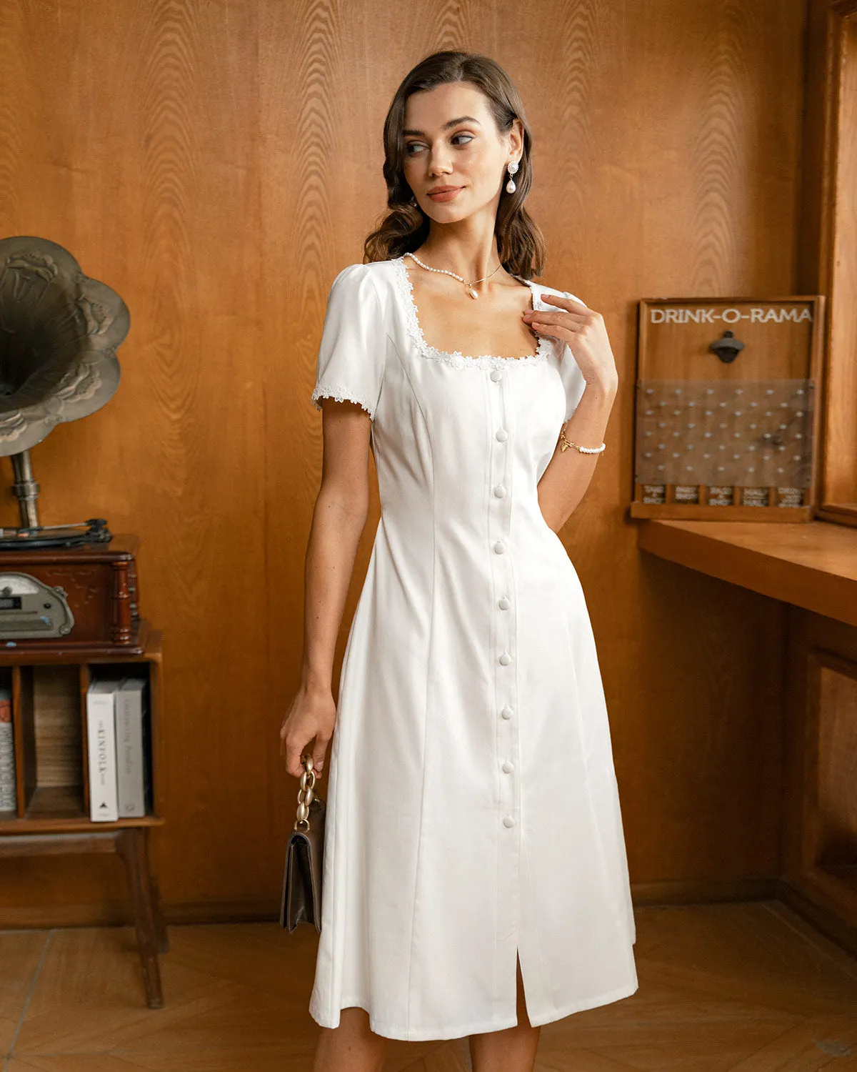 White Square Neck Button Midi Dress sold by rihoas