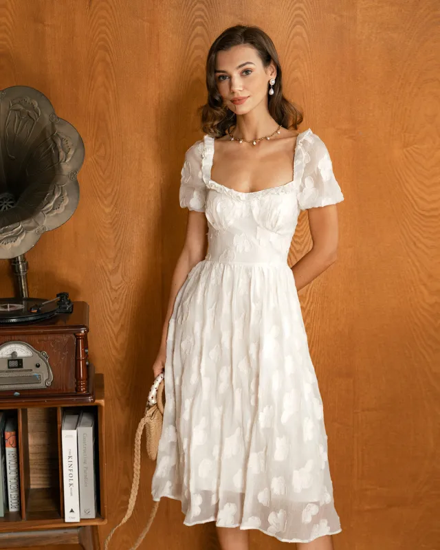 Beige Square Neck Puffed Sleeve Midi Dress sold by rihoas